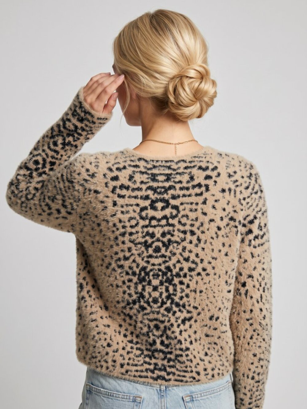 Women Leopard Print Fuzzy Knit Cardigan V Neck Button Front Cozy Sweater - Picture 3 of 7